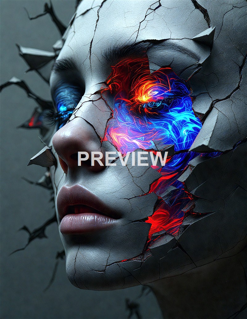 A digital artwork of a human face with cracked, peeling skin revealing glowing, swirling red and blue energy inside the eye sockets and mouth area, giving a futuristic and surreal appearance.